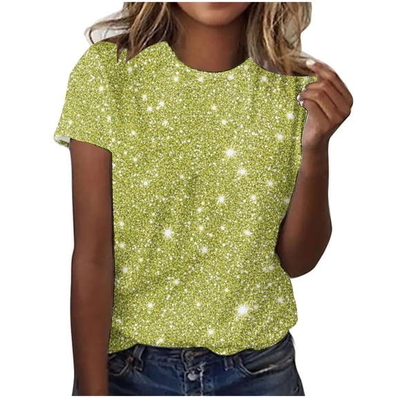 Staron Spring Tops for Women Casual Short Sleeve Crew Neck Shiny Print Blouse Fashion Party Vacation Relaxed Basic Tee, Yellow XL