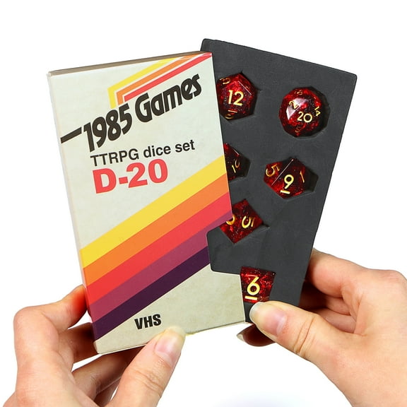 1985 Games Ruby Red RPG Dice Set – Polyhedral DND Dice Retro VHS Box