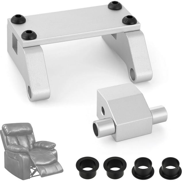 Pièces de Rechange pour Fauteuil Inclinable La-Z-Boy, Incluant une toggle d'Entraînement et une Chape en Alliage d'Aluminium Robustes en Argent, Ainsi Que Quatre Bagues Séparées en Plastique Noir. la Trousse Est Conçue pour les Fauteuils Berçants Lazy Boy power et Assure un Fonctionnement Fluide et une Durabilité. l'Image Montre les Composants Métalliques Argentés et des Bagues Noires, avec un Fauteuil Inclinable en Arrière-Plan.