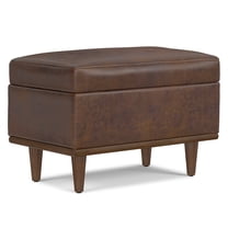 Simpli Home Shiloh 26 inch Wide Transitional Contemporary Small Storage Ottoman in Distressed Chestnut Brown Vegan Faux Leather, Assembled