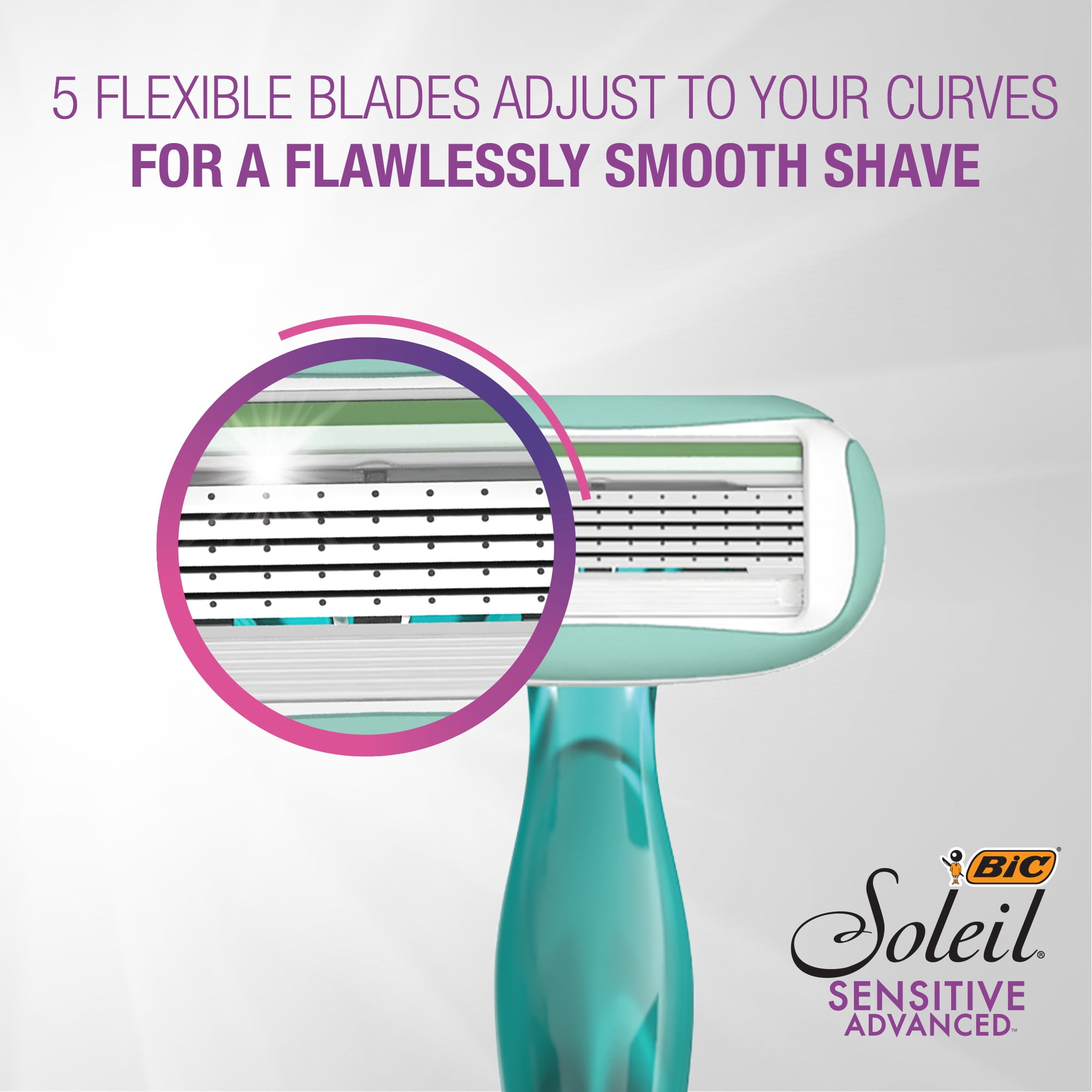 BIC Soleil Sensitive Advanced Women's 5-Blade Disposable Razor, Pivoting Head, Rubber Handle, 1 Count