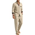 thumbnail image 4 of Delconic Mens Linen Blend Two Piece Outfit Loose Fit Long Sleeve Button Front Shirt and Straight Leg Pants Casual Set Khaki L, 4 of 8
