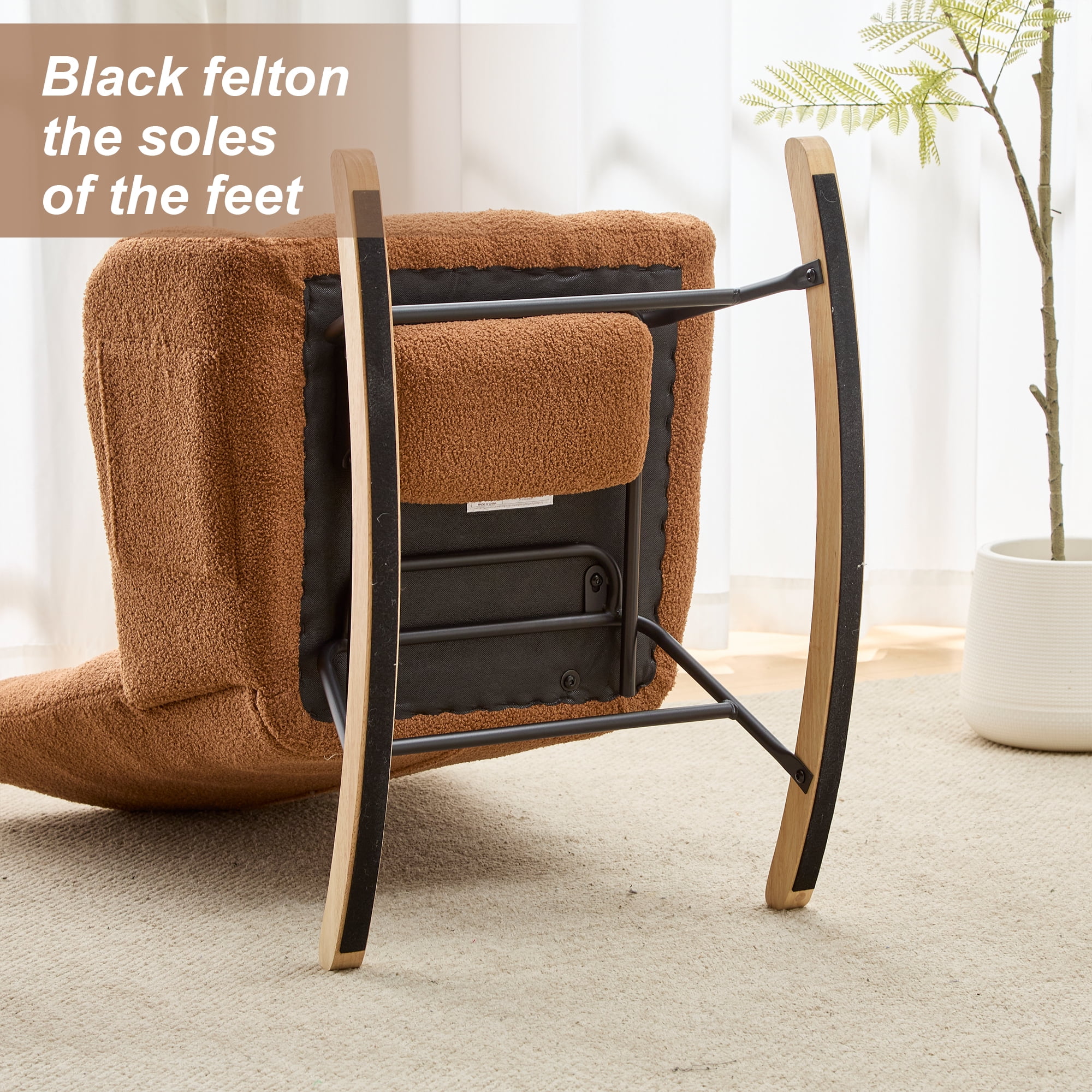 Hforesty Nursery Rocking Chair Teddy Upholstered Glider Rocker，Comfy Armchair with retractable footrest for Living Room & Nursery,BROWN