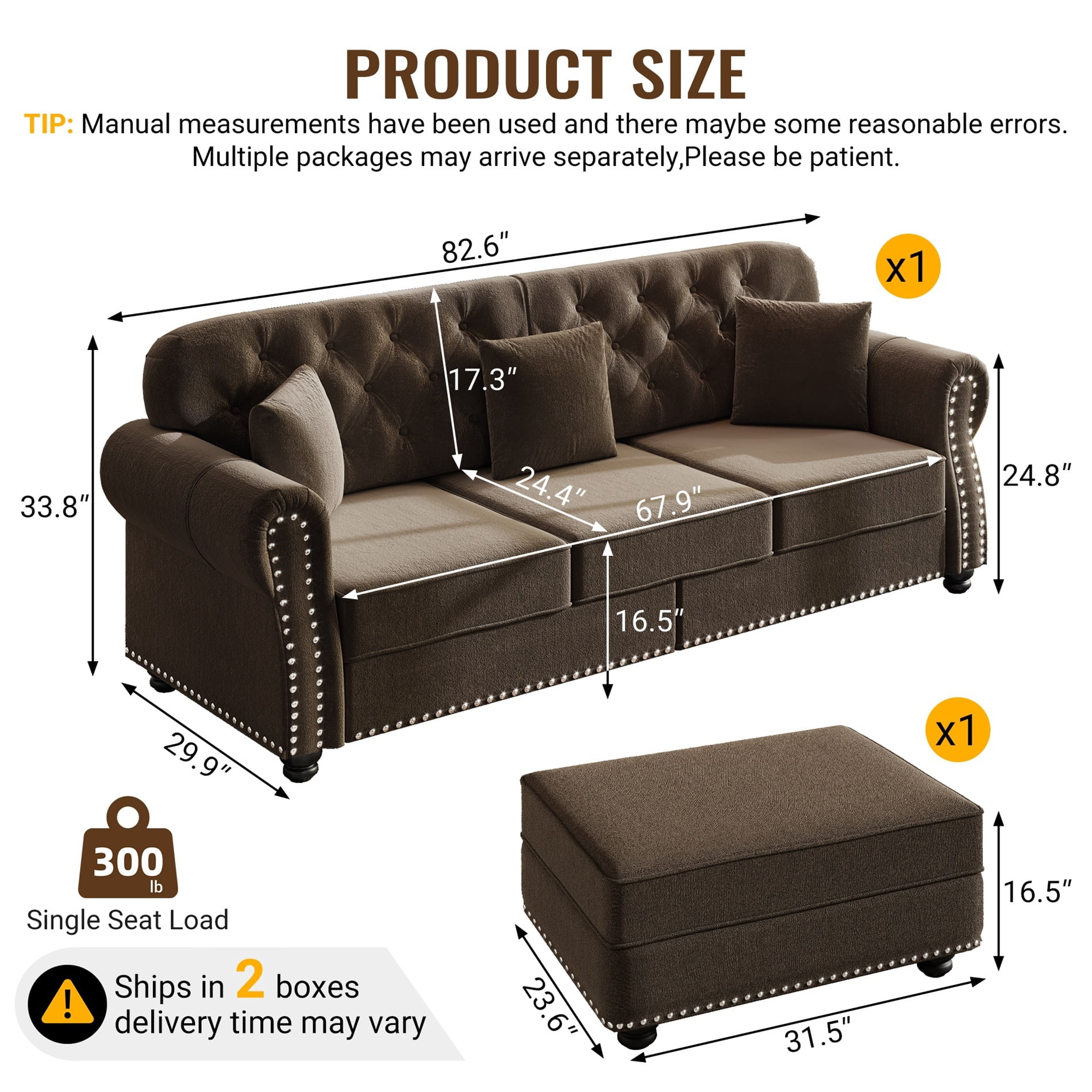 Alvantor 83" Cloud sofa with Ottman, Upholstered Velvet Couch with Nailhead Trim and Rolled Armrests, Mid-Century Modern Sofa for Living Room Brown