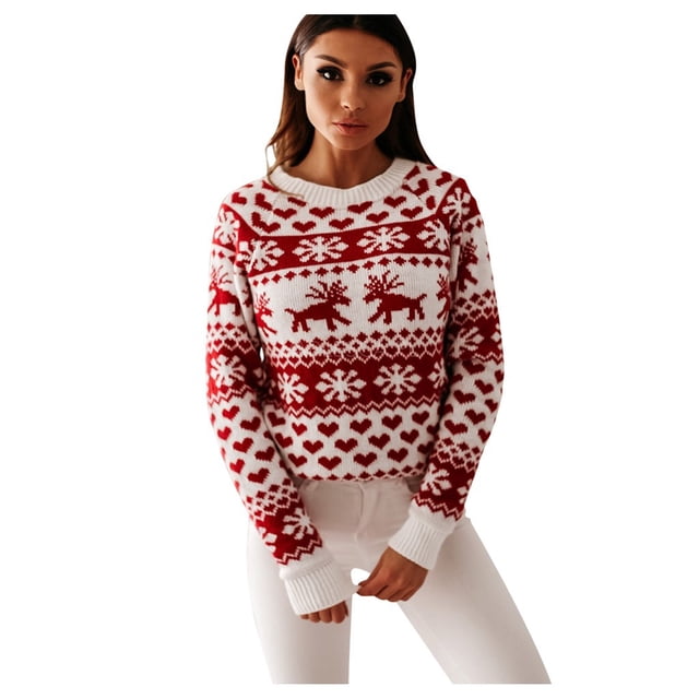 LUOGENLI Robe Chandails pour Femmes Chandail à Col Rond Flocon de Neige Noël Xmas Chandail en Tricot Hauts Blouse Blanc Taille g