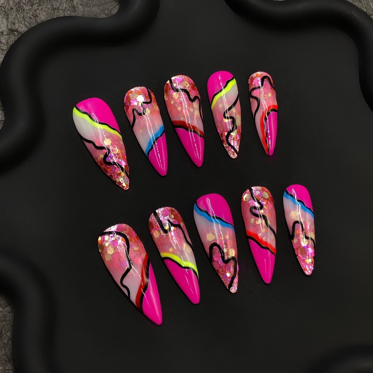 10pcs Easy Application Handmade Long Stiletto Press-On Nails – Colorful Abstract Glitter Design Reusable Fake Nails for Women & Girls