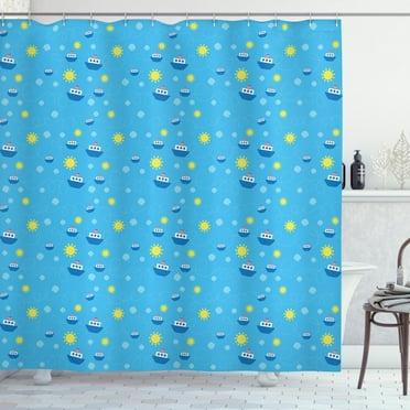 Yellow and Blue Shower Curtain, Childish Cartoon Marine Pattern Boats on the Ocean with Sun, Fabric Bathroom Set with Hooks, 69W X 70L Inches, Blue Navy Blue and Yellow, by Ambesonne