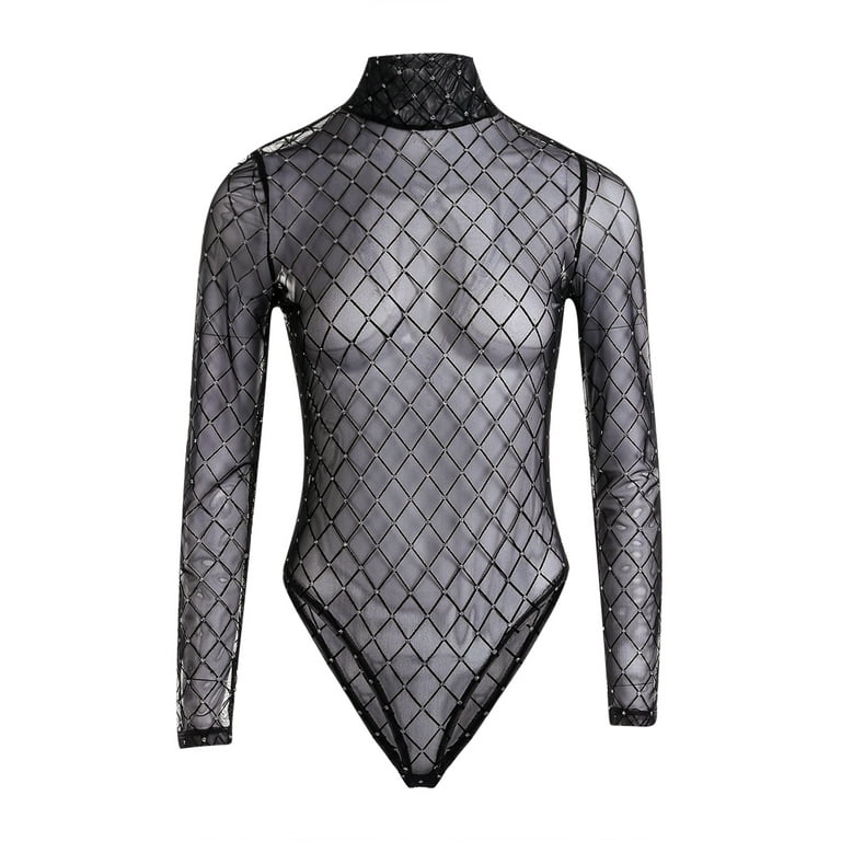 Musuos Women Mesh Perspective Fishnet Jumpsuit Black Sheer Long Sleeve  Turtleneck Slim Fit Bodysuit Tops 