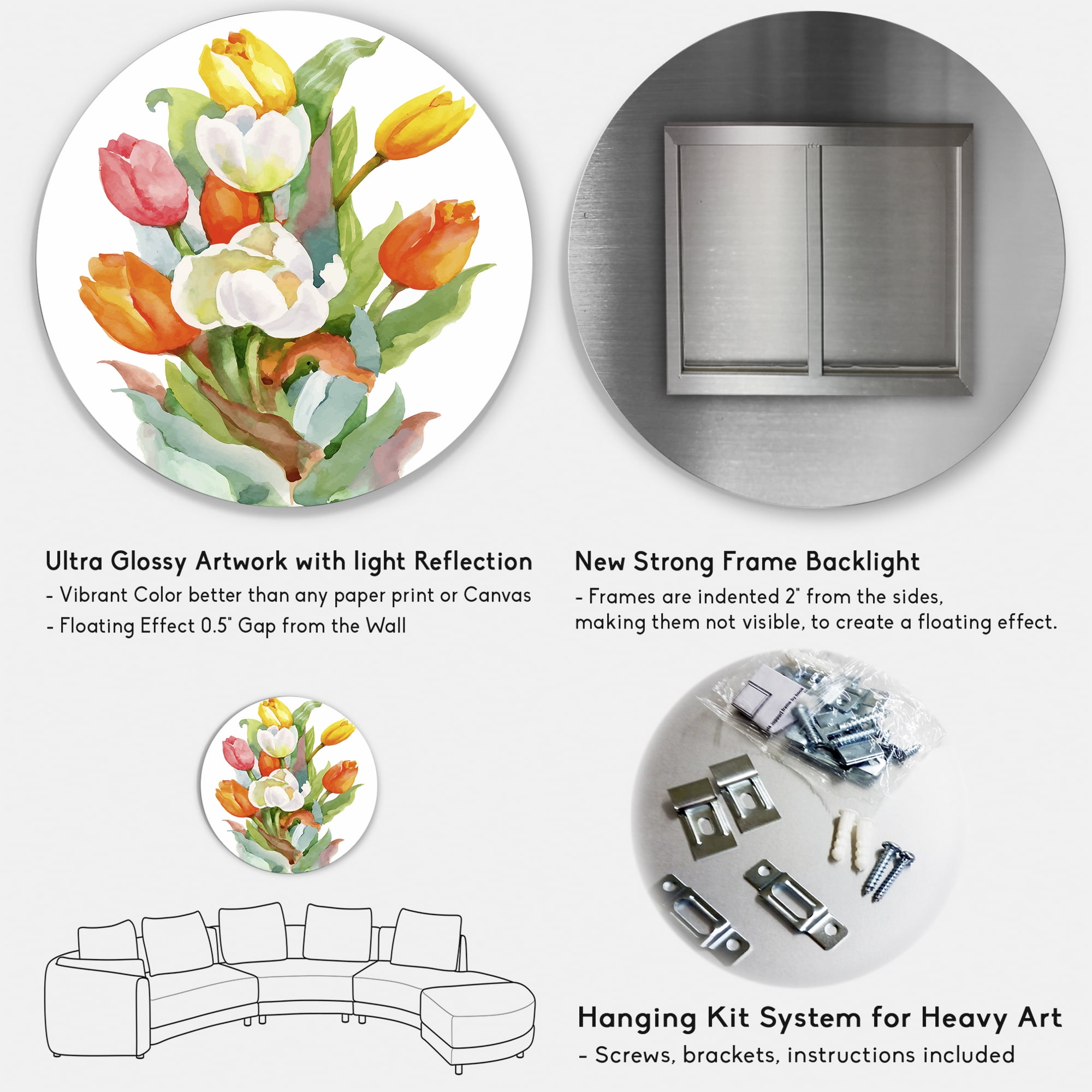 Designart 'Blooming Orange and White Tulips Flower' Traditional Circle Metal Wall Art 23x23 - Disc of 23