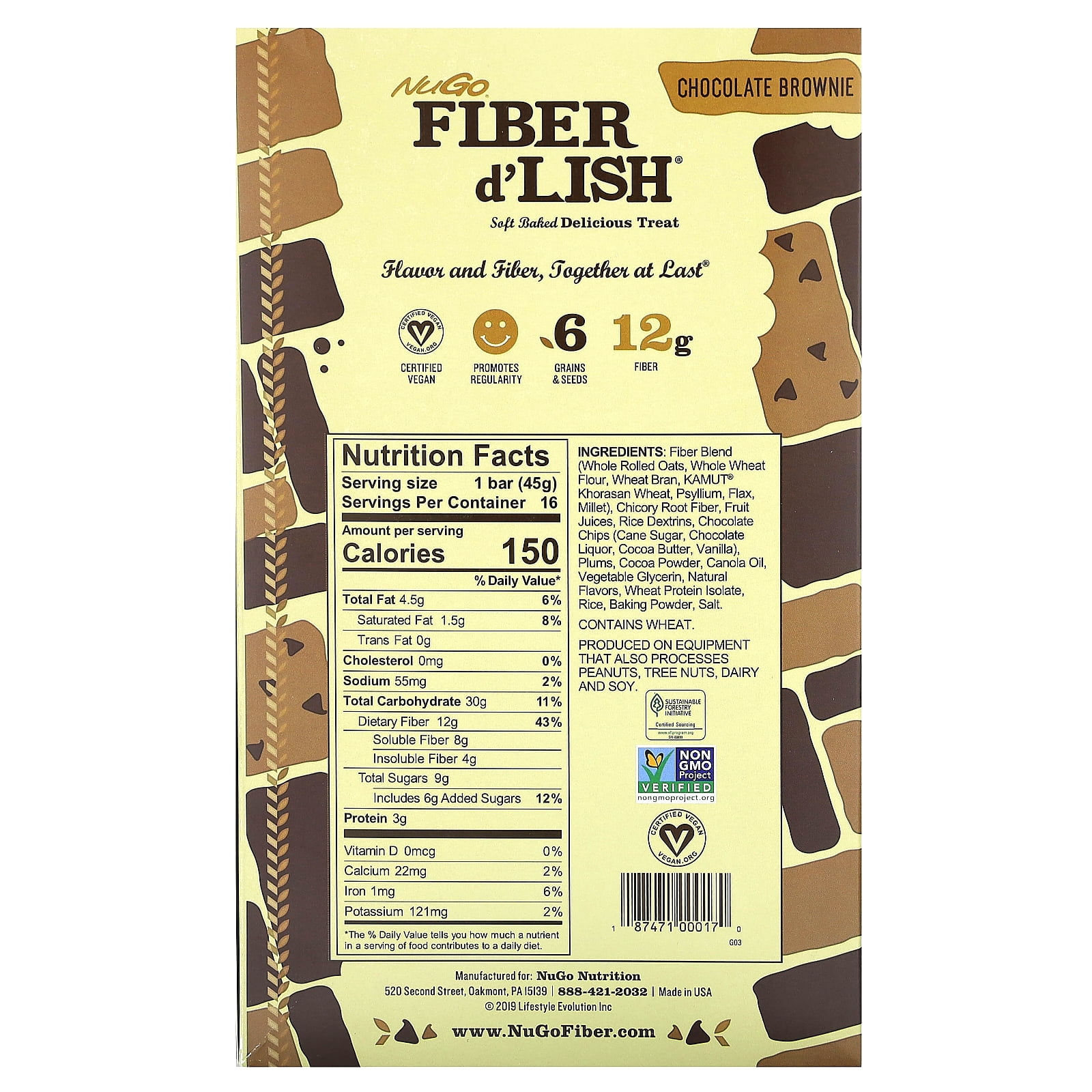 NuGo Fiber d'Lish Chocolate Brownie, 12g High Fiber, Vegan, 16 Count
