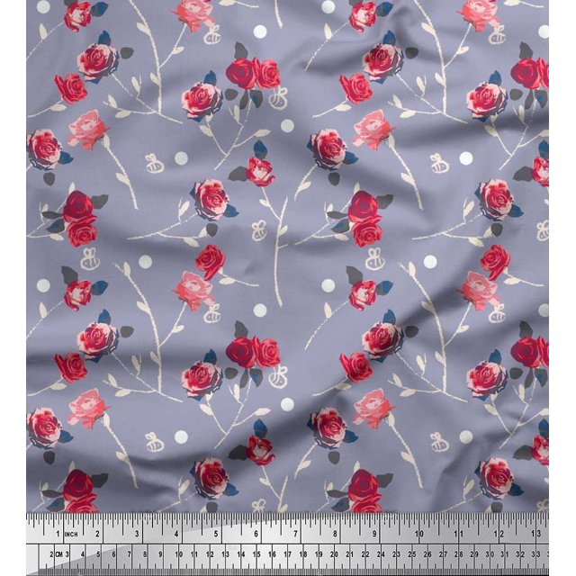 Soimoi Rayon Fabric Leaves, & Rose Floral Print Fabric by Yard 56 Inch Wide