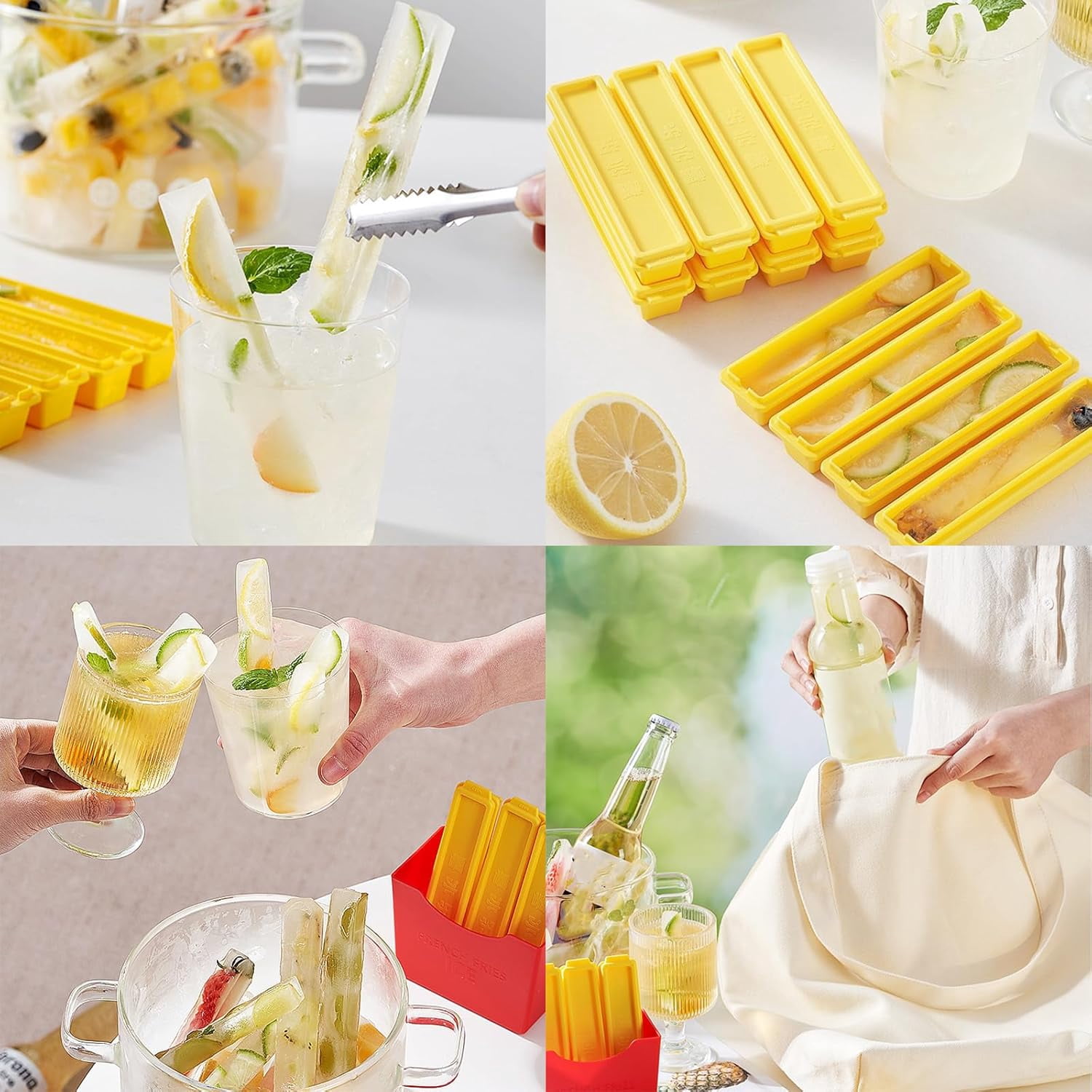 French Fries Shape Silicone Ice Cube Tray 6 Pcs Set, Funny Long Thin Strips Ice Molds for Summer Whiskey Juice Coffee Narrow Mouth Glass Cups Cool Block Mold
