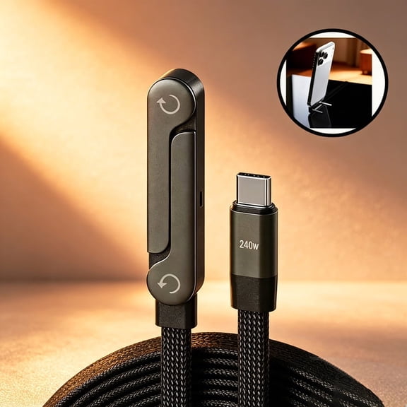240W PD USB-C Fast Charging Cable, 90° Right Angle Braided Cord with Foldable Hidden Phone Stand for Phones & Tablets