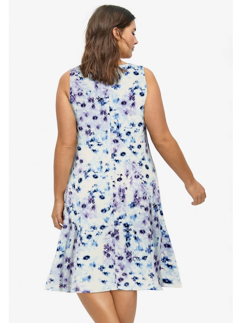 jersey knit fit and flare dress Plus Size Women's Stretch Scoop Neck Sleeveless by ellos in Periwinkle Lavender Floral (Size 5X) may2026mds