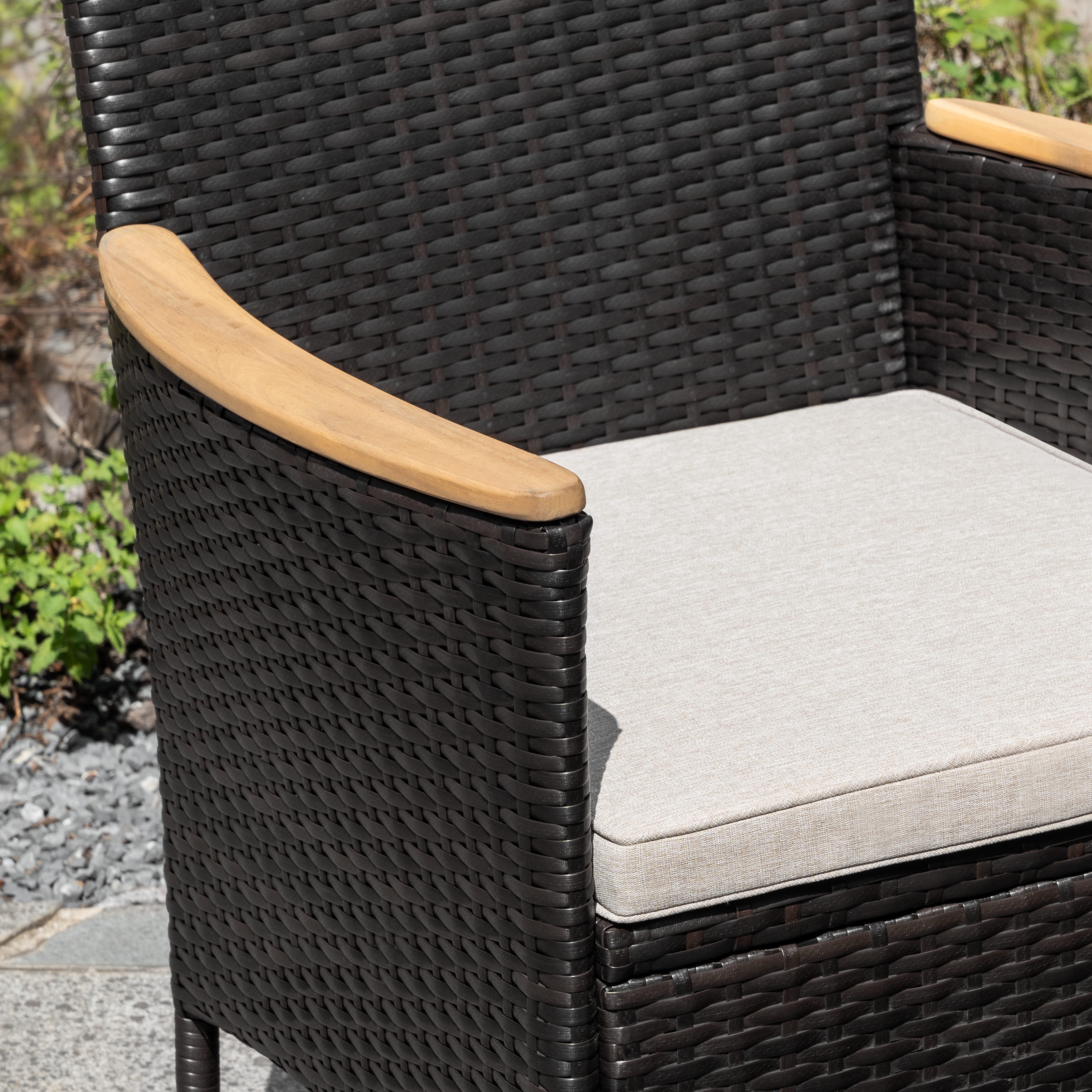 Nuu Garden Patio Chairs Set of 2, Outdoor Dining Chairs with Handwoven Wicker and Acacia Wood Armrests, All Weather Dining Chairs with Cushions for Outside, Black and Beige