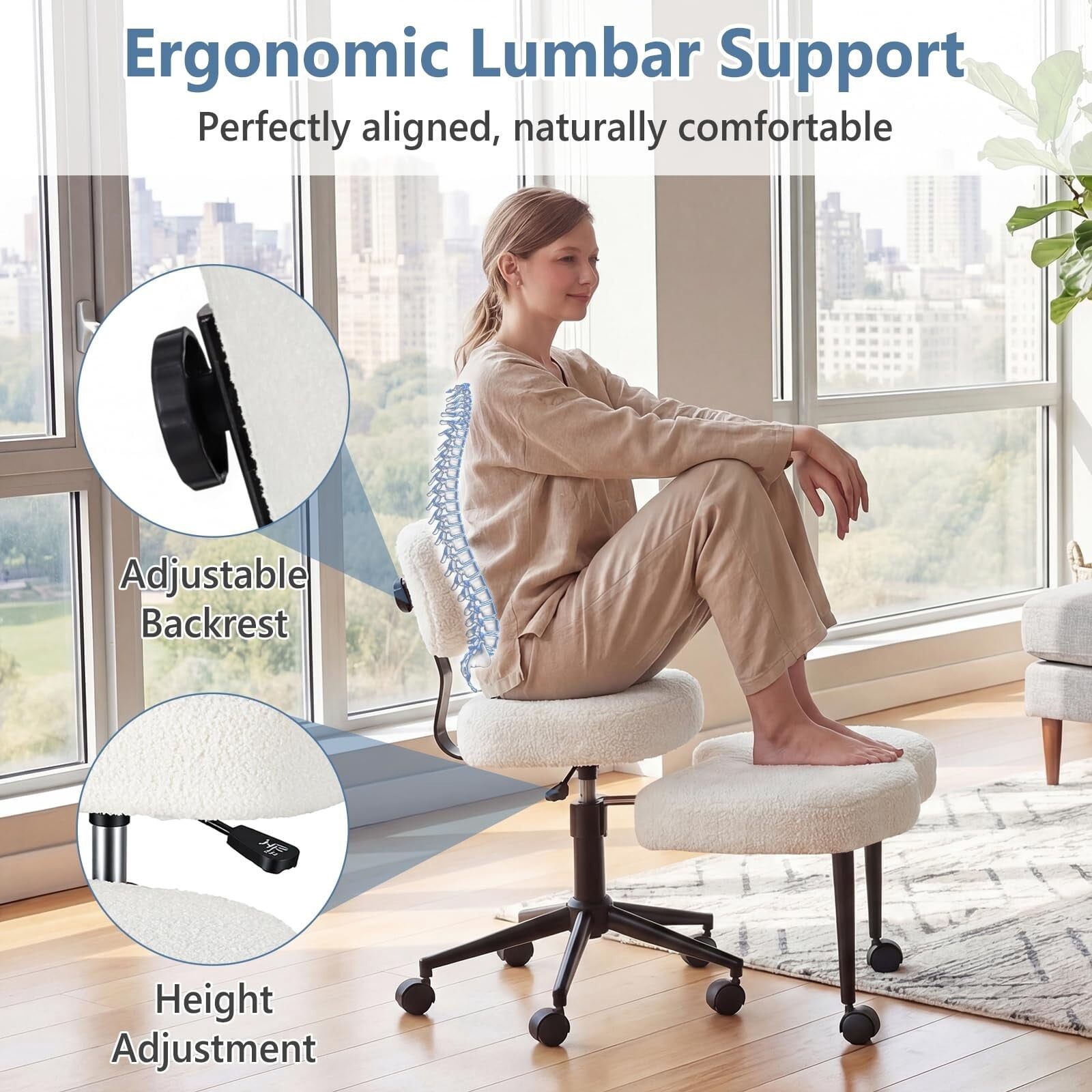 Kelno Cross Legged Meditation Chair with 360° Swivel Footrest Adjustable Backrest Ergonomic Teddy Fleece Office Chair, White