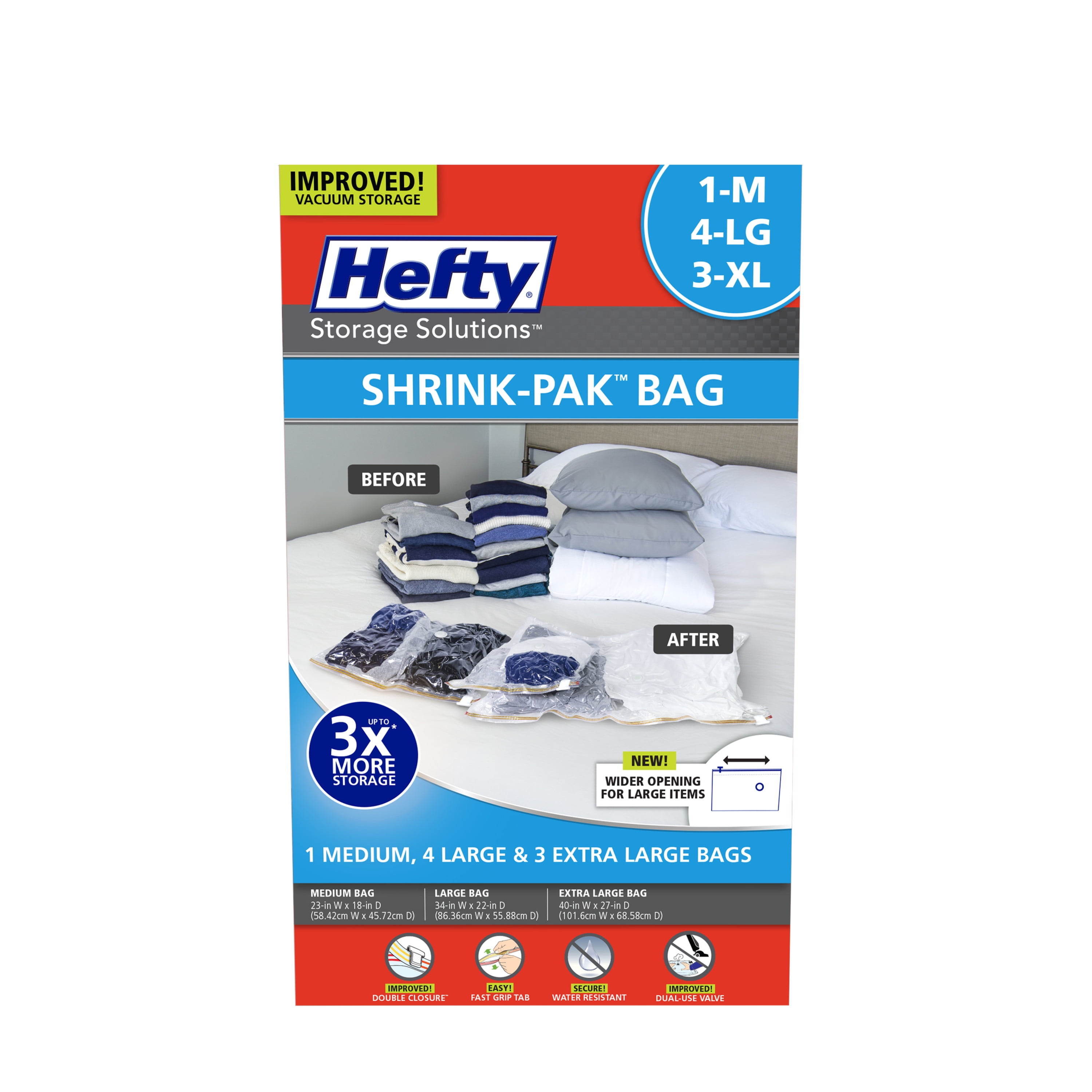 Hefty Shrink Pak 1 Med, 4 Lrg, & 3XL Vacuum Compression Storage Bags, 2 Boxes, 16 Bags