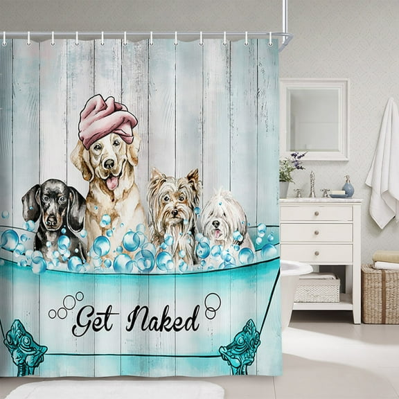 Rustic Funny Dog Shower Curtain for Bathroom, Cute Animals Naked Dog in Turquoise Blue Bathtub Fabric Shower Curtains Set, Vintage Country Gray Wooden for Restroom Decor Accessories, 71X71in