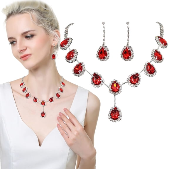 QIQUWOHUL 1 Set Women Necklace Earrings Water Drop Shaped Jewelry Sparkling Luster Jewelry Set For Prom Blue