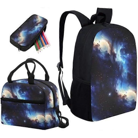Universe Outer Space Print Schoolbag 3 Piece Set Art Starry Sky Pattern Schoolbag/Crossbody Lunch Bag/Pencil Bag Students School Bag Packs Satchel for
