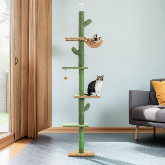 Pefilos Adjustable Height 95"-108" Cactus Cat Tree with Sisal Covered Scratching Post, Hammock, Floor to Ceiling Cat Tree Tower, Green
