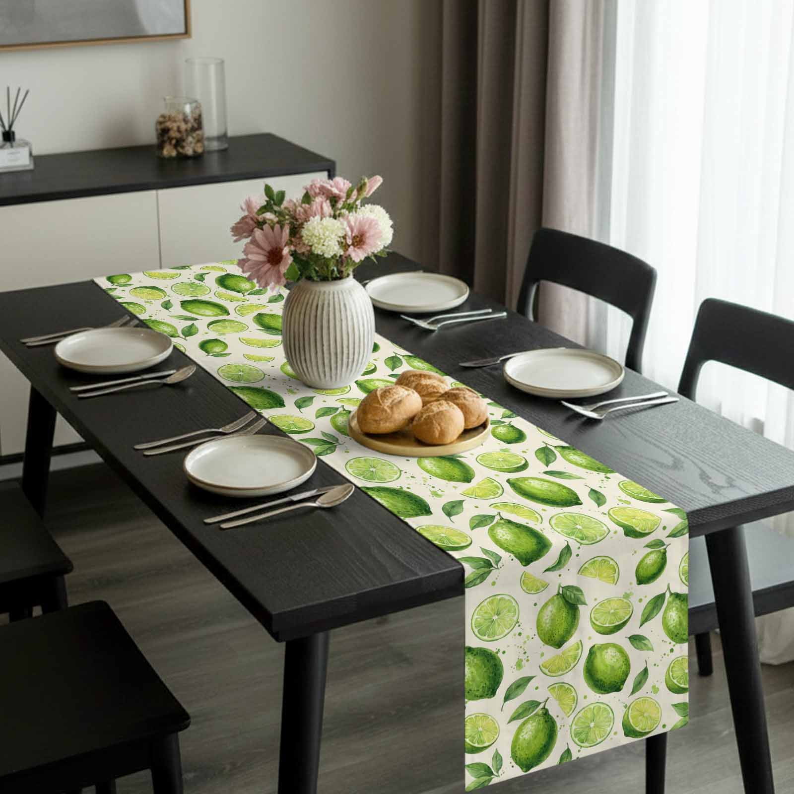 Summer Fruit Table Runner, Watercolor Green Lemon Lime Slice Leaf Rustic Washable Cotton-linen Table Runners Dining Kitchen Decoration for Everyday Home Wedding Party Decor, 13 x 90 Inch