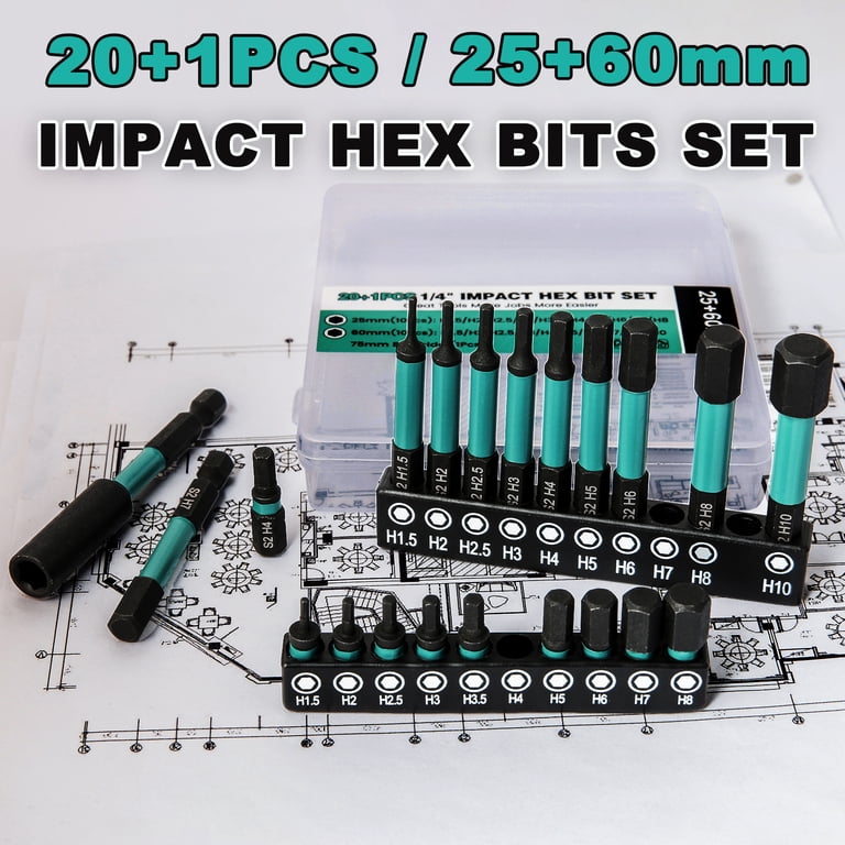 21pcs Hex Impact Bits Set with 1/4 Inch Hex Shank Magnetic Allen