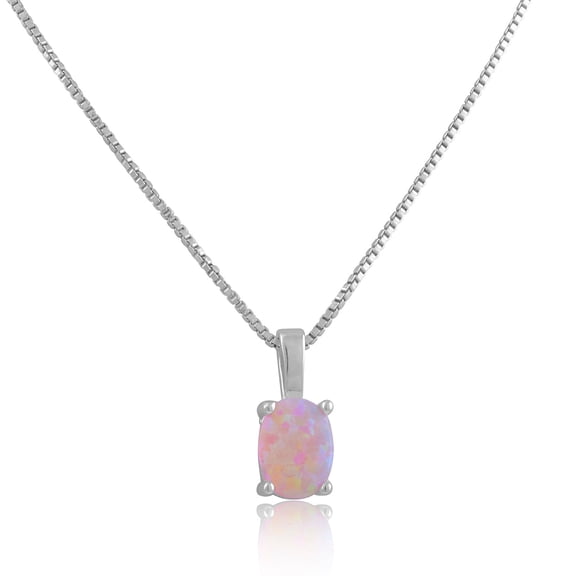 SilverCloseOut Rhodium Plated Sterling Silver Womens Created Pink Opal Oval Charm Necklace 18"