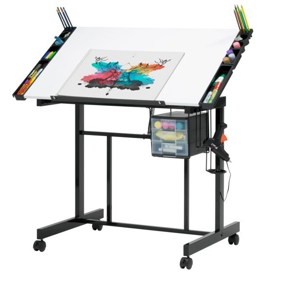 Deluxe Mobile Craft Station with Storage and Angle Adjustable Drawing Top Black/White