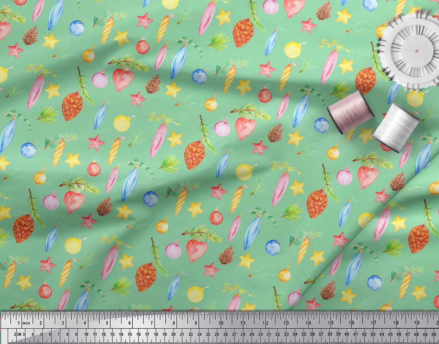 Soimoi Green Silk Fabric Star & Baubles Christmas Print Fabric by the Yard 42 Inch Wide