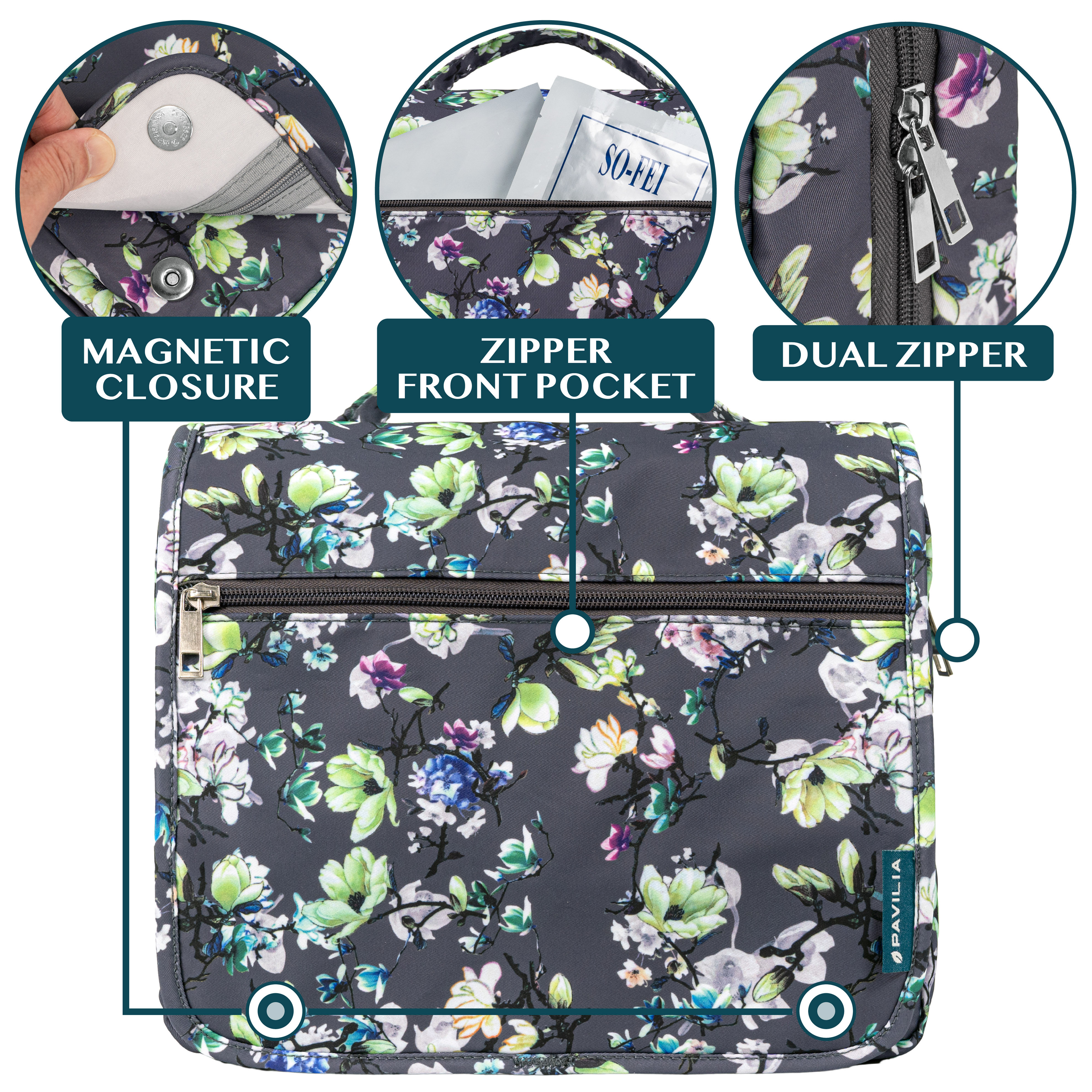 PAVILIA Hanging Toiletry Bag Women Men, Foldable Cosmetic Organizer Travel Bag, Water Resistant Makeup Bag Toiletries, Large Travel Essentials Kit (Grey Floral)