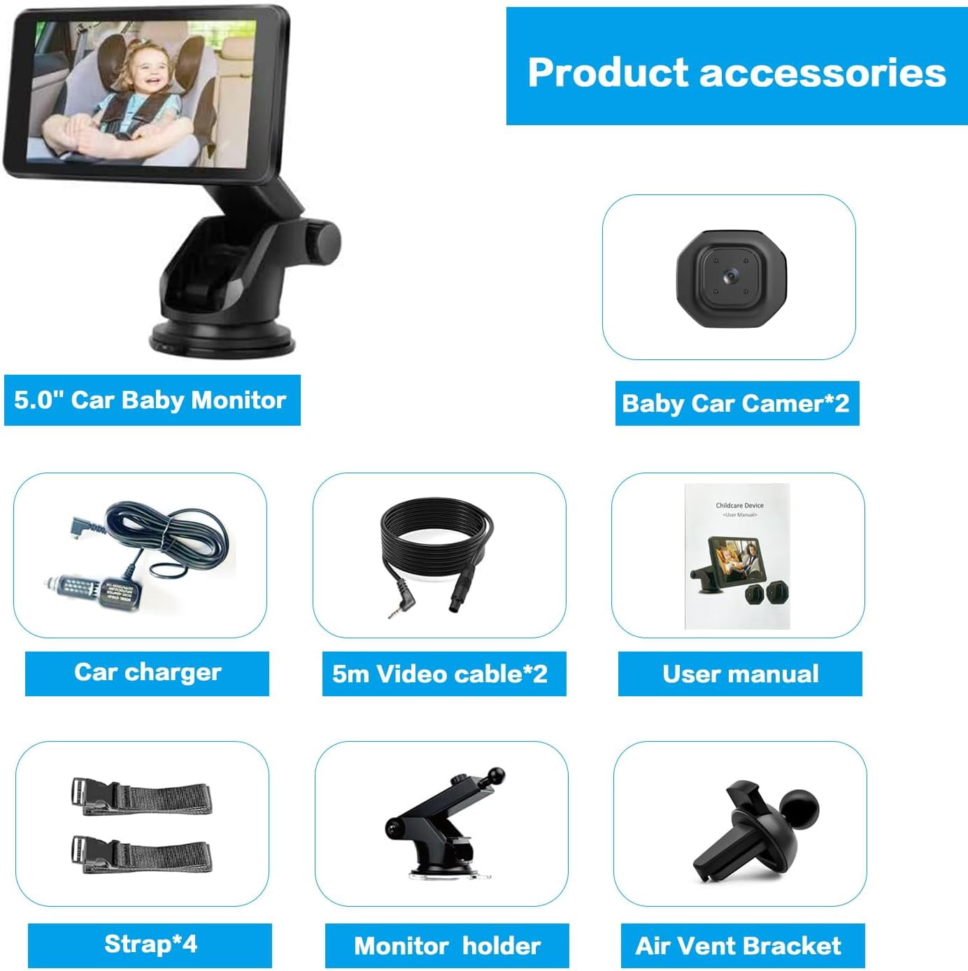 Baby Car Camera Monitor,5-Inch Display,Two Infrared Night Vision Cameras,360-Degree Adjustable,Split-Screen Display