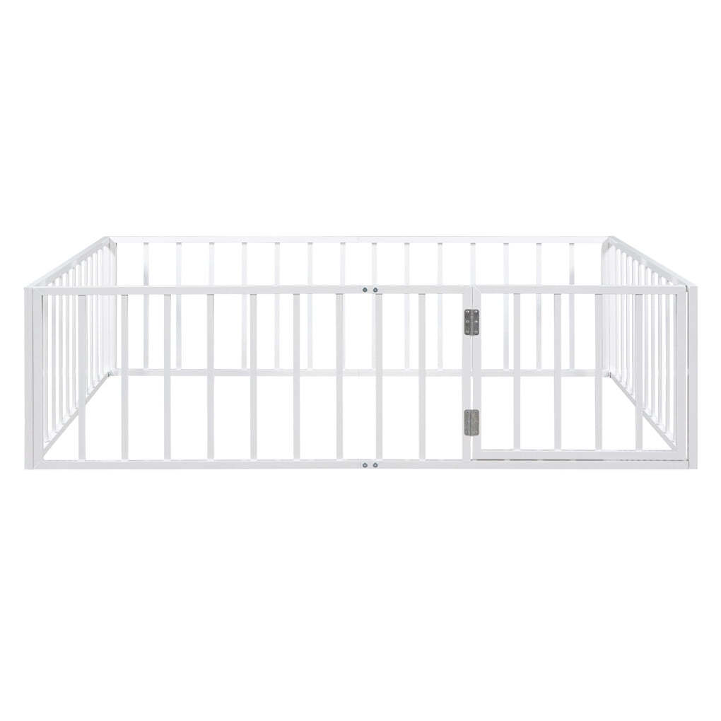 Full Size Floor Bed for Kids and Toddlers, Metal Montessori Floor Bed with 21.7" High Full-Length Fence and Door, Safety Montessori Bed Frame for Kids Girls and Boys, No Slats Supports, White