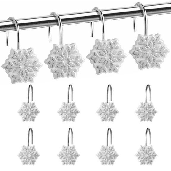 12PCS Christmas Shower Curtain Hooks,Silver Snowflakes Decorative Shower Rings,Resin,Christmas Decor,Winter Bathroom Living Room Decoration