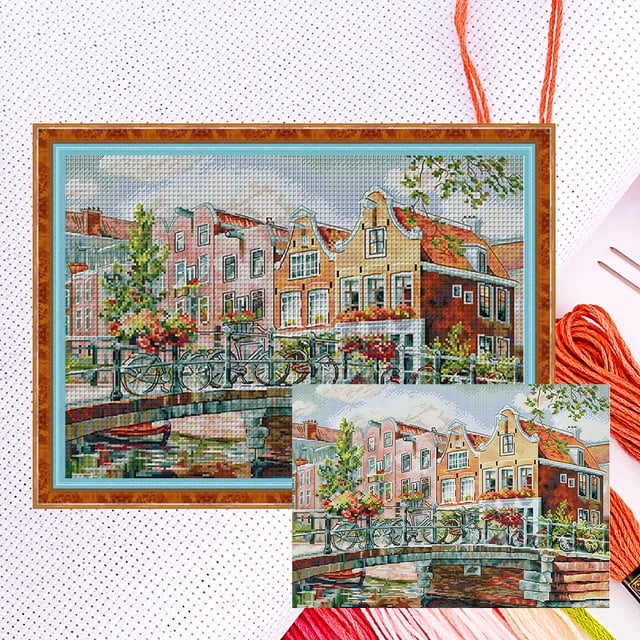 Hilo Algodón Bordado Parcial Punto Cruz Los Canales Ámsterdam 14 Quilates 44x34cm