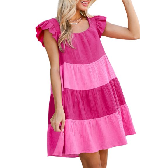 Women's Pink Crinkled Colorblock Patchwork Flutter Tiered Mini Dress - [ZhiHiMeRi] | (US 12-14)L