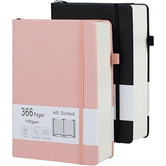 Thick Dotted Journal 2 Pack with 366 Numbered Pages, A5 Journal with 100GSM Dot Grid Paper, Hardcover Leather Notebooks for Women Men School Note Taking Office Work Diary, 5.7"x8.3" Black