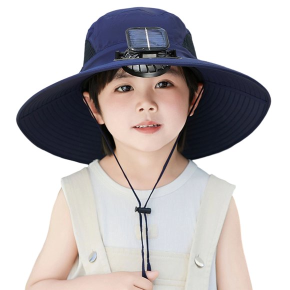 YoGold Chapeau Ventilateur Solaire à Grand Bord pour Enfants, Chapeau avec 1 Ventilateur à Énergie Solaire, Chapeaux Bob Respirants Protection UV Double Mode de Recharge Chapeau Ventilateur pour Enfants Plein Air Pêche Camping Voyage Bleu Marine g