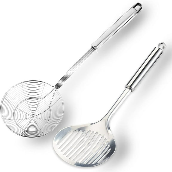 2pcs Multi Kitchen Utensil Stainless Steel Cooking Skimmer Slotted Fish Turner Spatula Spoon Colander Drain Water Filter Spoon Ladle Spider Strainer Skimmer Ladle for Cooking &Frying