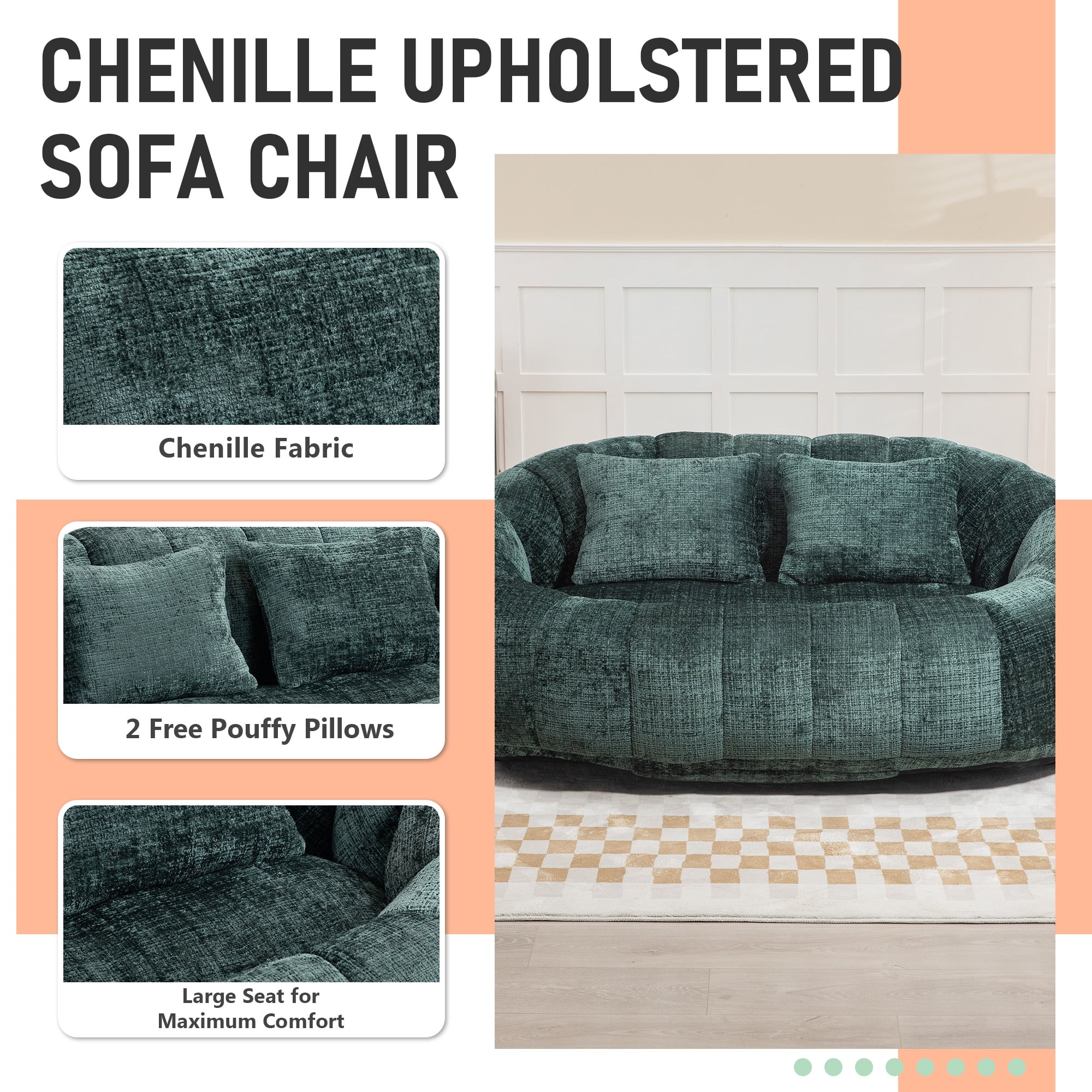 MOONMISS Chenille Durable Comfort Lounger High Back Bean Bag loveseat Lazy Sofa-Emerald