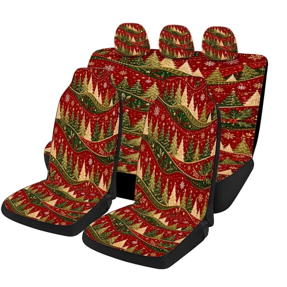 Verolix Red Holiday Pine Forest Universal Car Seat Covers Full Set, Mesh Fabric Automotive Seat Cover Set with Front Bucket, Rear Bench and Headrest Covers, Interior Decor for Cars SUVs Trucks Vans
