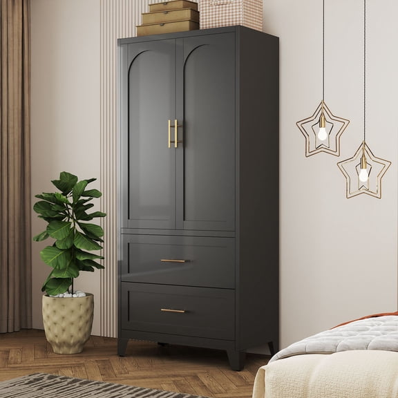 S-HOME 71 Inch Tall Metal Wardrobe Cabinet in Black with 2 Drawers, Hanging Rod, and Shelf for Bedrooms and Offices
