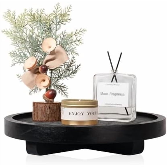 Round Decorative Tray Wood Bathroom Counter Organizer Farmhouse Kitchen Decor Wooden Riser for Soap Dish, Perfume, Candle, Sponge, 8" - Black