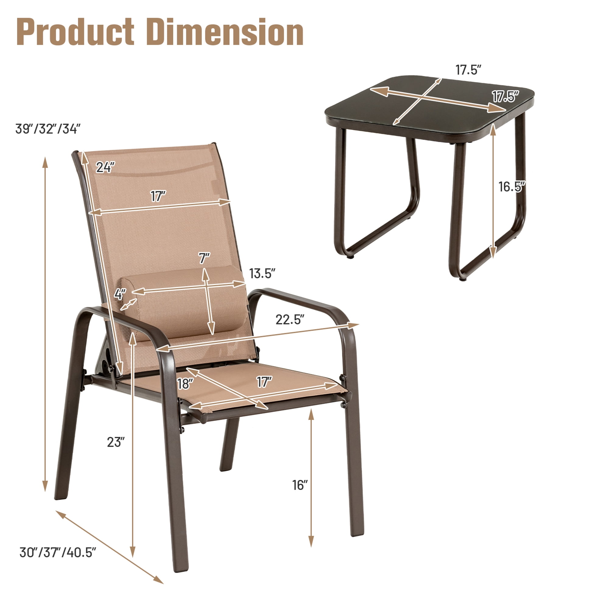 Gymax Brown 3PCS Outdoor Bistro Set Patio Conversation Set w/ Adjustable Backrest