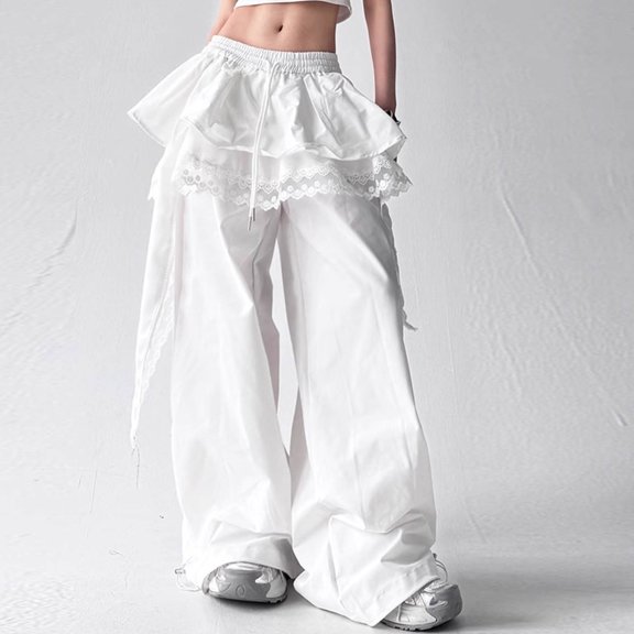 Karymi Womens Shorts Solid Layered Ruffle Skirt Overlay Cargo Pants, Lace Spliced Side Decor, Drawstring Cuffed Ankle Hem Streetwear Pants With Pockets Womens Shorts