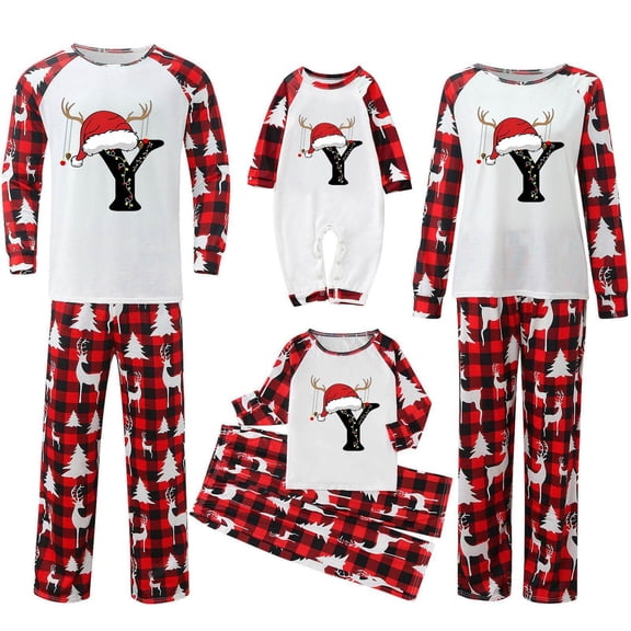 Fgnfyis Christmas Pajamas for Family Deer Horn Letter Print Matching Long Sleeve Pajamas Set Loungewear