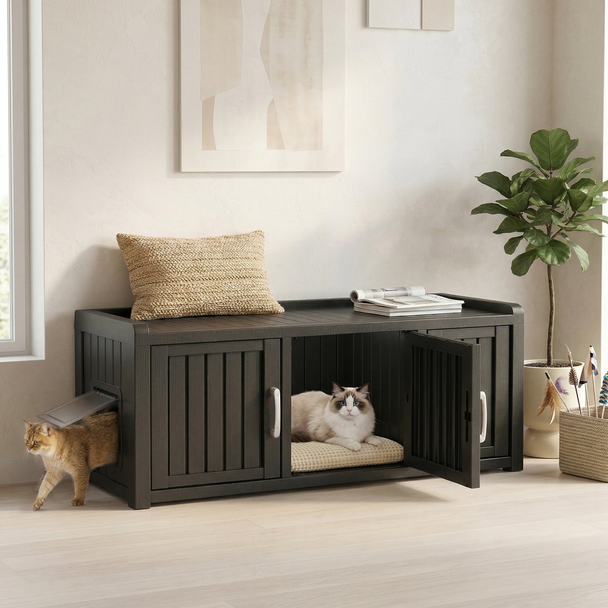 fazzn 2-in-1 Outdoor Cat House & Storage Cabinet, Weatherproof Litter Box Enclosure with Cat Door, Durable Resin Pet Shelter for Indoor, Easy Assembly.(Black),Father's Day Gift