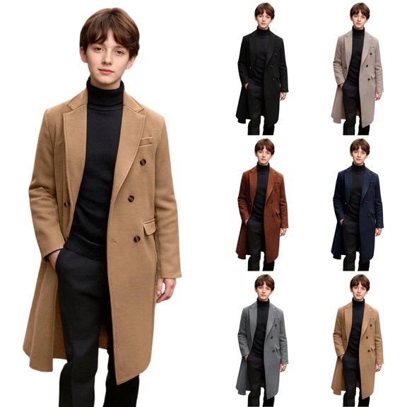 Husipze Winter Overcoat for Kid Wool Blend Pea Coat Notch Lapel Collar Double-breasted Buttons Trench Coat Warm Casual Outerwear Khaki 5 Years