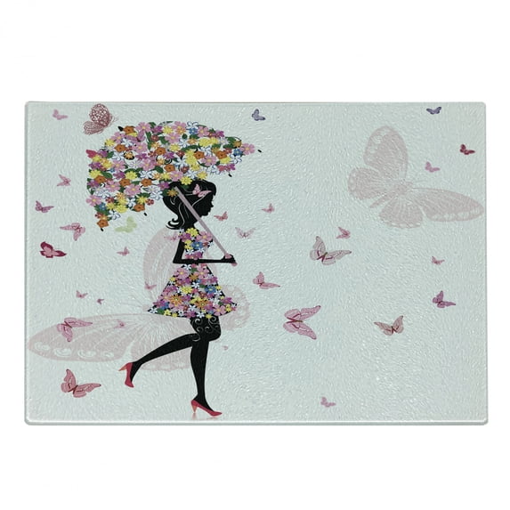 Feminine Cutting Board, Girl with Floral Umbrella and Dress Walking with Butterflies Inspirational Art, Decorative Tempered Glass Cutting and Serving Board, Small Size, Black and Pink, by Ambesonne