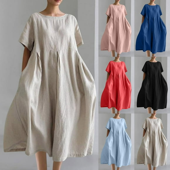 Sentmoon Dresses for Wedding Guest 2026 Solid Color Hawaiian Dresses for Women Crew Neck Short Sleeve Boho Stretchy Birthday Dress Hawaiian for Spring Break Pink XXL